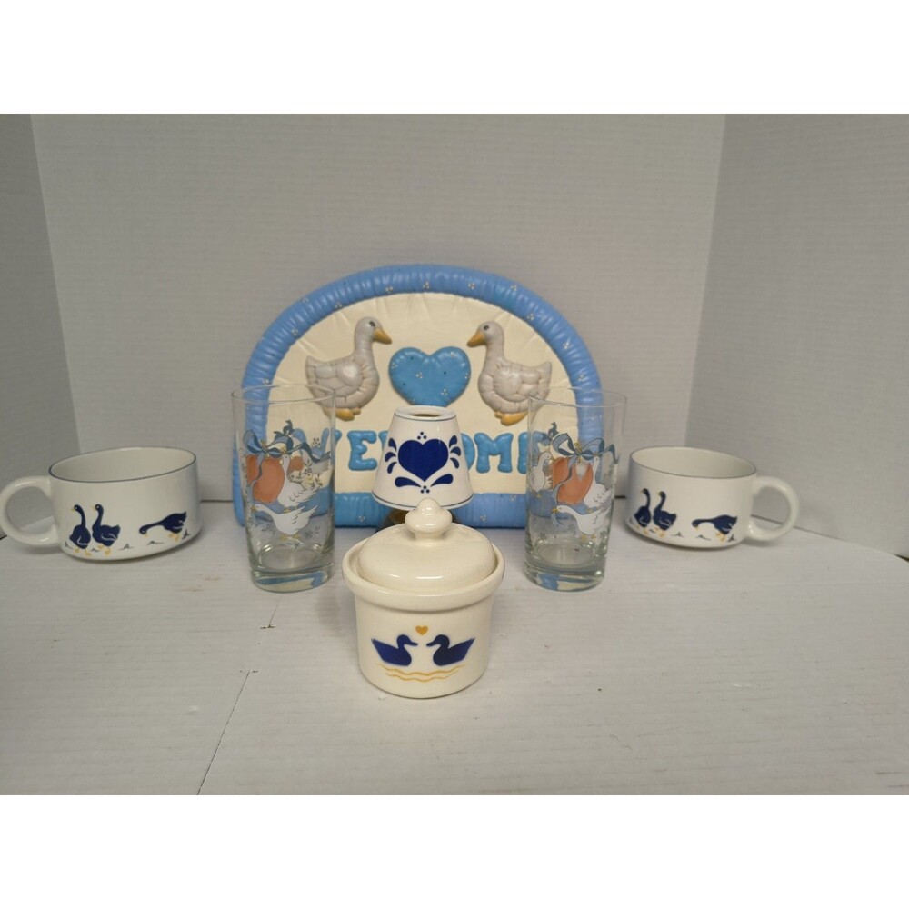 Vintage Goose Grandma Core 1980s-1990s Lot Of Glasses And Ceramic Welcome Sign